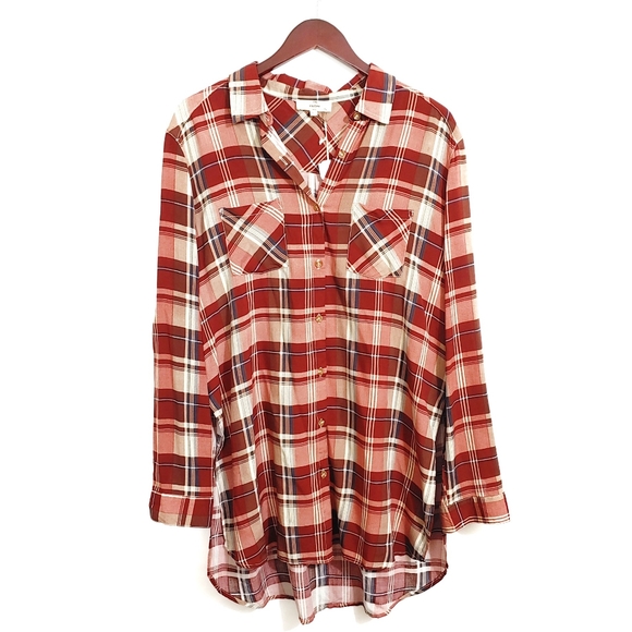 entro Tops - Entro Button Up Plaid Tunic Shirt Large